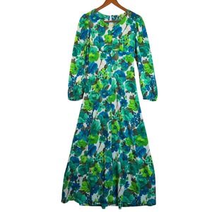 Vintage 70s Floral Maxi Dress Green Blue Empire Waist Handmade Polyester Knit